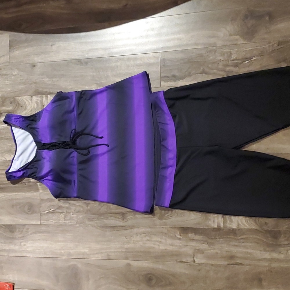 Purple Striped Tankini Set with Black Swim Leggings